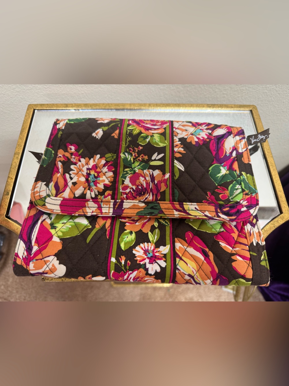 Quilted Floral Organizer Wallet - Brown with Pink, Orange & Green Floral Print